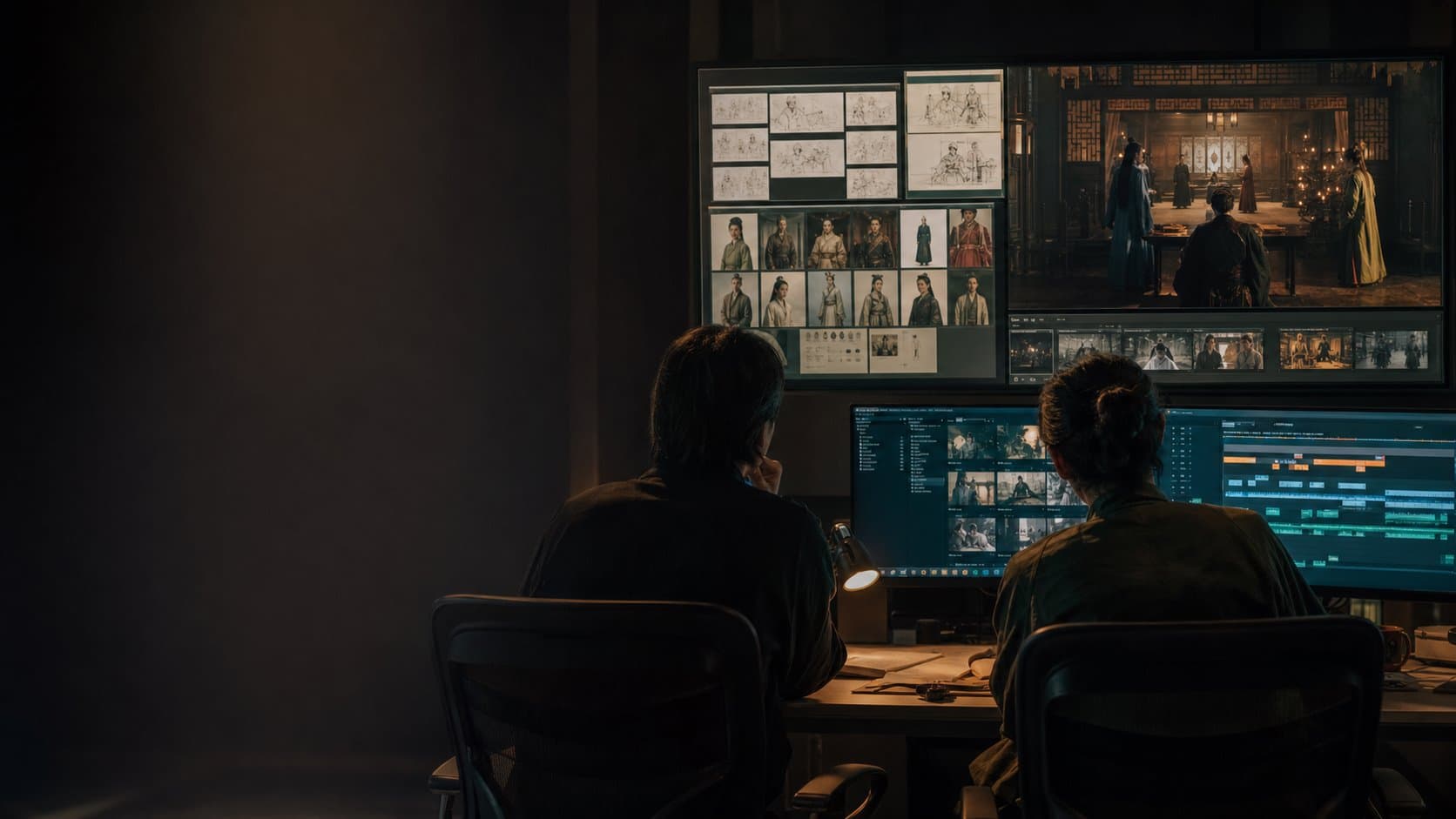 Creative producers supervising an AI-assisted episodic drama production in a studio control room